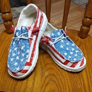 Hey Dude Women's Moccasins in Red, White, and Blue